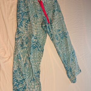 Lilly Pulitzer Aqua Printed Lounge Pants with Pink Drawstring